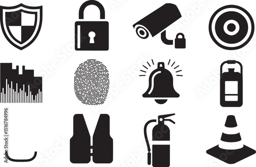 Monochrome Security Icons Set Flat Design Shield Padlock Camera Target Safety Measures and Prevention Vector
