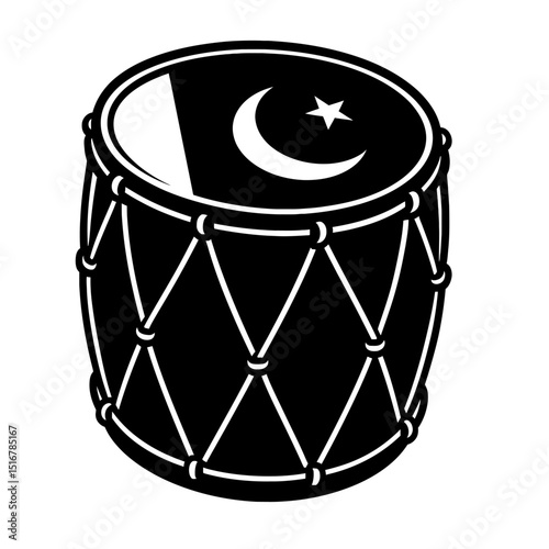 Rhythmic Black and White Dhol Drum with Pakistan Flag Vector - Traditional Musical Instrument for Cultural Celebrations, National Events, and Patriotic Designs