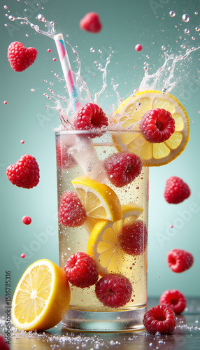 Wallpaper Mural A tall glass of raspberry lemonade with lemon slices splashes vibrant droplets onto a wooden surface. Torontodigital.ca