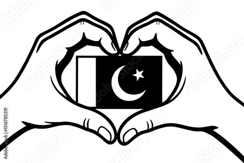 Loving Black and White Pakistan Flag with Heart Hands Vector - Symbolic Illustration of National Pride and Affection, Ideal for Patriotism, Unity, and Cultural Designs