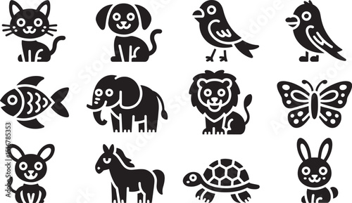 Silhouette Style Animal Icons Set on Black Background Vector Illustration for Wildlife and Pet Concepts