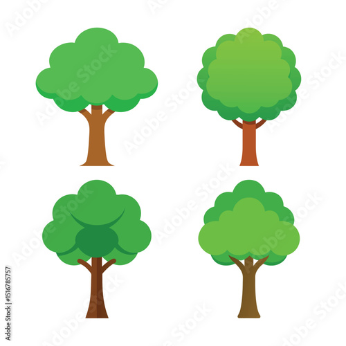 set of trees vector cartoon tree with perfectly round green foliage and brown trunk 