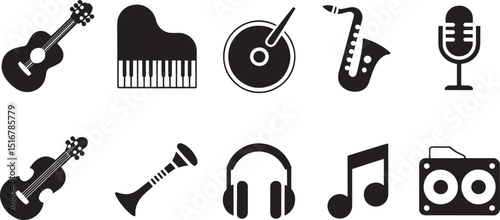 Simple Line Art Musical Instrument Icons on Dark Background Sound and Entertainment Vector Illustration