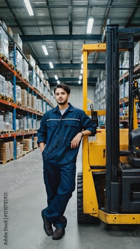 Warehouse worker leans against a forklift in a large, brightly lit industrial warehouse