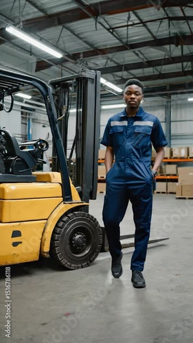 Warehouse worker leaning against forklift