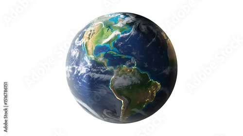 Realistic 3d render of planet earth showing north and south america with clouds and oceans
