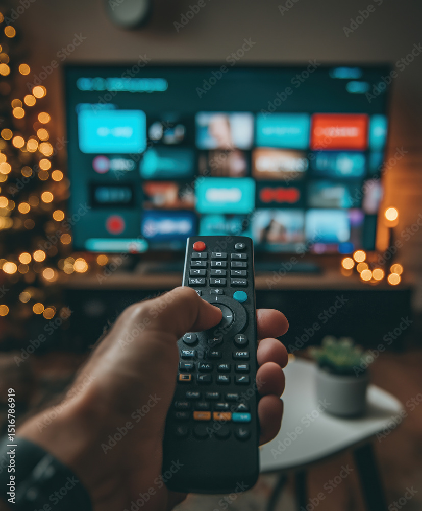 Cozy evening with a remote control and a television displaying streaming options Cozy evening with a remote control and a television displaying streaming options