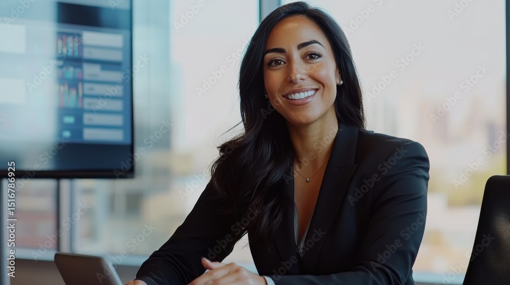 Obraz premium Confident Businesswoman Smiling in Modern Meeting Room