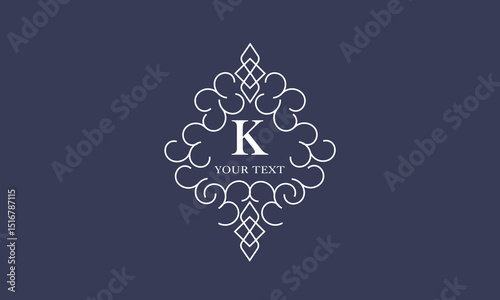 Luxury vector logo template, monogram with initial K. Vintage trendy royal ornament, frame illustration, good for fashion boutique, alcohol or hotel brand