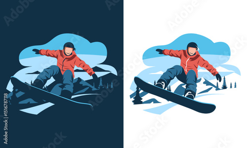 Dynamic Snowboarder Riding Down a Mountain Slope in a Flat Vector Illustration Style, Perfect for Winter Sports, Adventure, and Outdoor Activity Themes