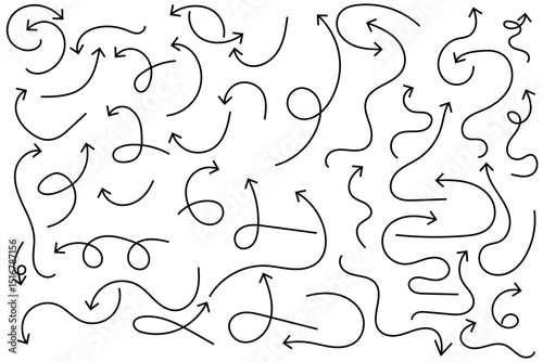 Curved Hand Drawn Arrow Icons Set Decorative Swirl Arrow Clipart Collection, Editable Strokes Vector Illustration