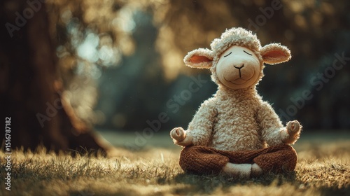 funny sheep in yoga pose sitting on the grass, copy space