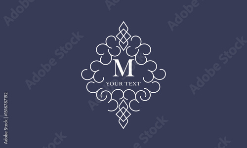 Luxury vector logo template, monogram with initial M. Vintage trendy royal ornament, frame illustration, good for fashion boutique, alcohol or hotel brand