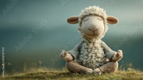 funny sheep in yoga pose sitting on the grass, copy space, calmness, inner life