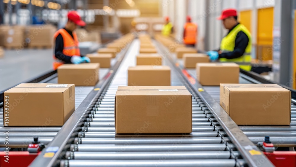 Fototapeta premium supply chain trends concept. Workers in safety gear sorting packages on a conveyor belt in a warehouse environment.