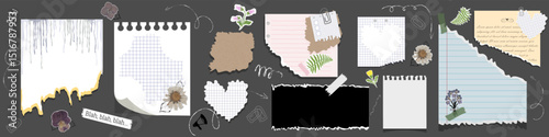 Set of torn and ripped paper notes with flowers, grid sheets, sticky tape, and handwritten elements on dark background. Ideal for scrapbooking, journaling, collage and digital planners. Vector image