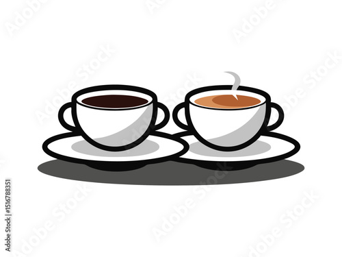 Two cups of coffee tea on saucers isolated on white background
