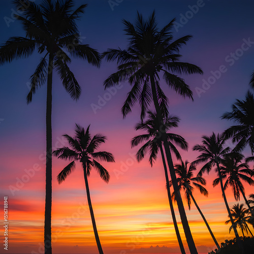 Tropical Sunset: Silhouetted Palm Trees Against Vibrant Sky - Paradise Beach Scene