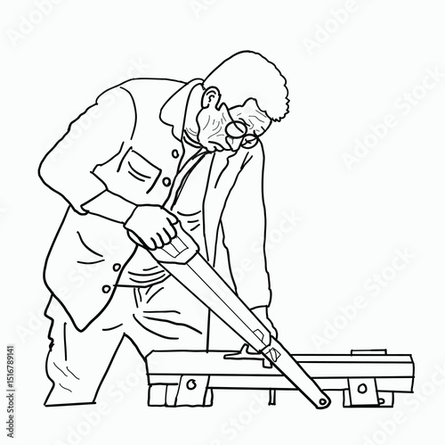 black and white line. A carpenter sawing the wood on the table. Cartoon Style Illustration