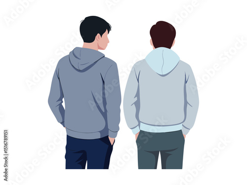 Two men in hoodies from behind isolated on white background
