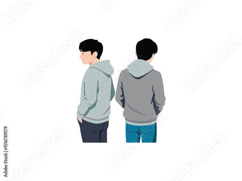 Two men in hoodies back and side view isolated on white background
