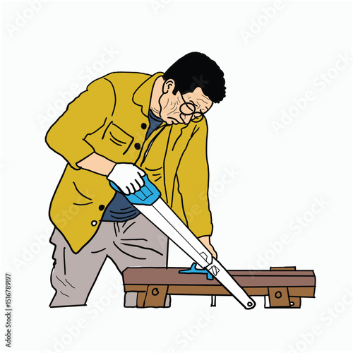 A carpenter sawing the wood on the table. Cartoon Style Illustration