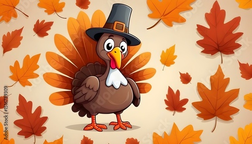 Happy Thanksgiving Day. A cartoon turkey in a pilgrim hat keeps the autumn leaf.
