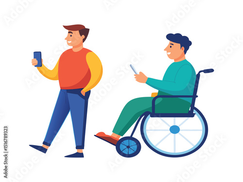 Two young men using smartphones one in wheelchair isolated on white background
