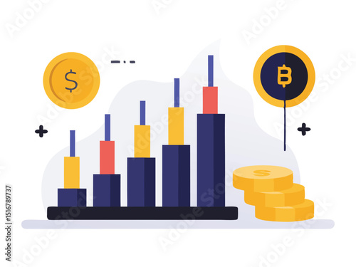 Financial growth chart with dollar and bitcoin coins isolated on white background
