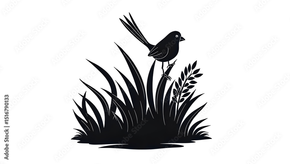 Fototapeta premium Black bird silhouette vector perched on grass illustration for design use silhouette