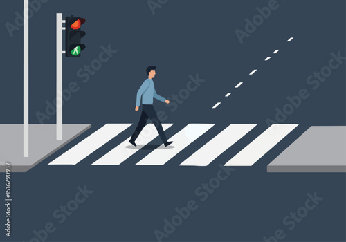 A man crosses a street with a green traffic signal. Clear composition, modern style, and a sense of forward movement. Suitable for business and lifestyle themes.