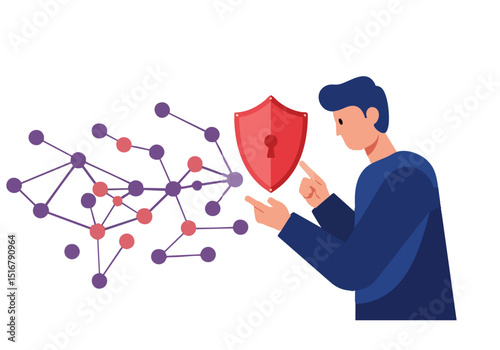 A man protects digital data with a shield, symbolizing cybersecurity. Modern, flat design illustration. Secure technology, data protection.
