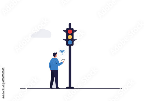 A man monitors a traffic light remotely with a tablet. Modern illustration, clean design, showcasing connectivity and smart city technology. Suitable for tech, urban, and lifestyle themes.