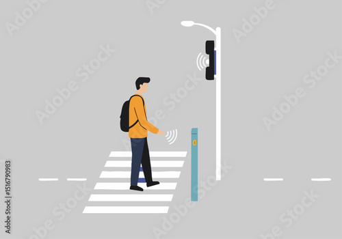 A young man uses a smartphone to cross a street at a sensor-activated pedestrian crossing. Modern street scene with a stylized illustration. Focus on technology and urban life.