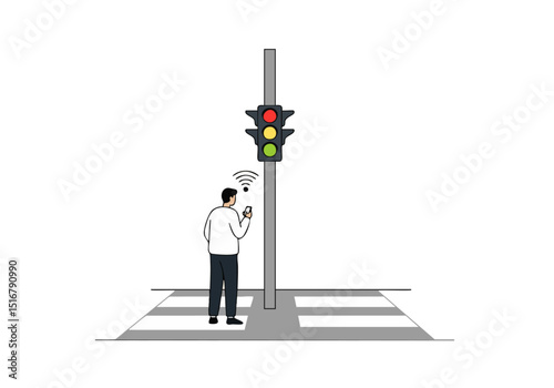 A man uses a smartphone to monitor a crosswalk signal. Clean, modern illustration with a focus on technology and urban life. Simple, clear composition.
