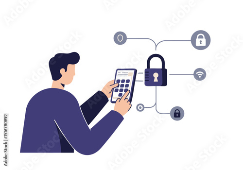 A man uses a tablet to secure digital data with locks. Modern tech illustration, showcasing data protection and security. Clean, professional design.