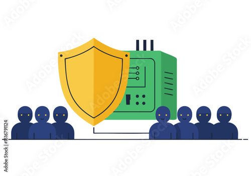 Protecting digital assets with energy efficiency. A shield safeguards a server, symbolizing security and sustainable technology. Modern, clean design.