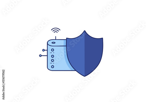 Secure home network icon shields a router. Modern, minimalist design. Represents cyber defense and home security. Clean, blue and gray tones.