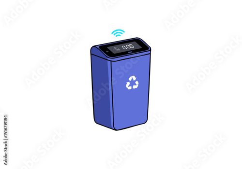A sleek, digital recycling bin with a display shows fill level. Modern design, blue color, wireless connection icon. Clean, minimalist illustration.