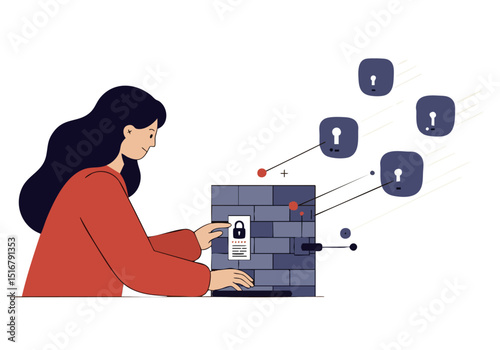 A woman examines a digital security block, represented by keys floating towards it. Modern illustration style, conveying cybersecurity and protection. Clean, minimalist design.