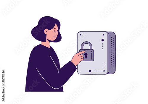 A smiling woman secures a digital lock on a modern security hub. Clean, minimalist design. Focus on security and technology. Suitable for business and digital concepts.