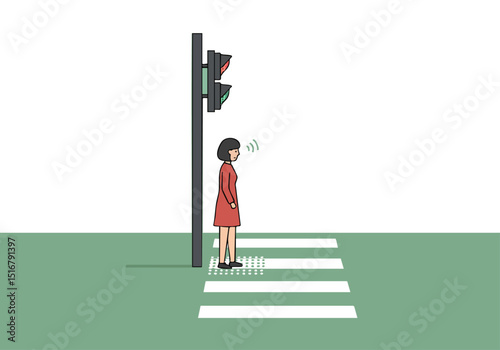 A woman waits at a crosswalk, observing a traffic light. The scene is stylized and minimalist, conveying a sense of anticipation. Clean lines and muted colors create a modern aesthetic.