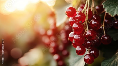 A close-up of vibrant red currants gleaming in the soft morning light, showcasing their lush, juicy texture and the beauty of nature's bounty in a garden setting.