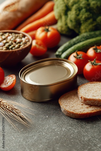 Blank label Tuna canned mockup surrounded by fresh vegetables and whole grain bread for commercial advertise, Clean food tuna menu