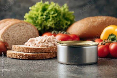 Blank label Tuna canned mockup surrounded by fresh vegetables and whole grain bread for commercial advertise, Clean food tuna menu