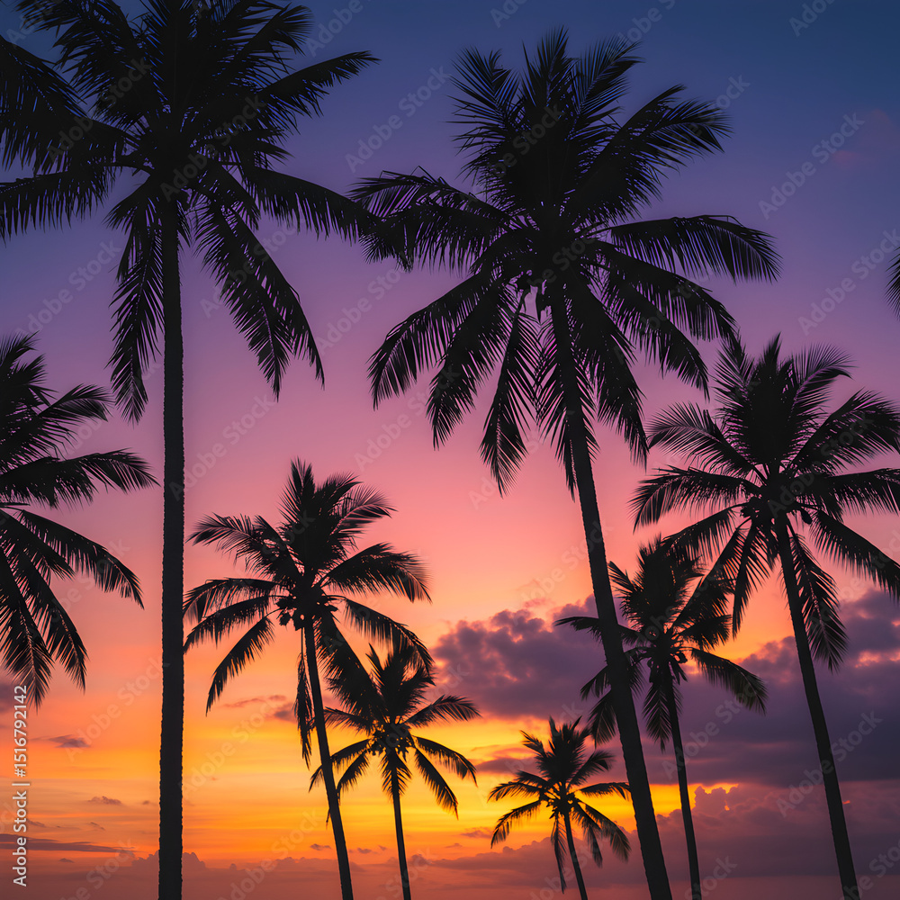 Fototapeta premium Tropical Sunset: Silhouette Palm Trees at Dusk