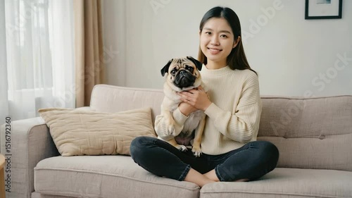 Woman holding a pug dog on a couch