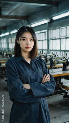 Woman in a dark blue workwear style top, arms crossed, in a factory setting