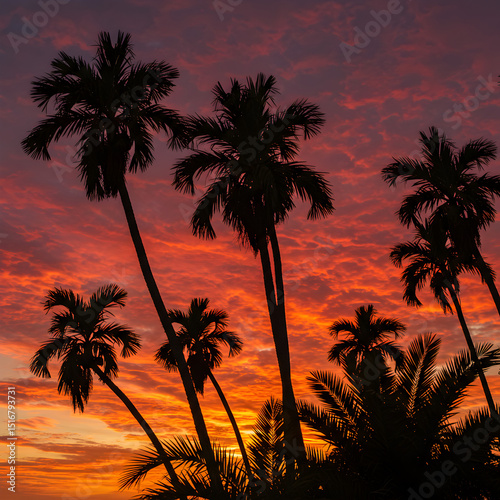 Silhouette Palm Trees at Sunset: Vibrant Tropical Landscape