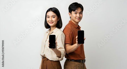 Wallpaper Mural Young Asian Couple Showing Blank Smartphone Screens Torontodigital.ca